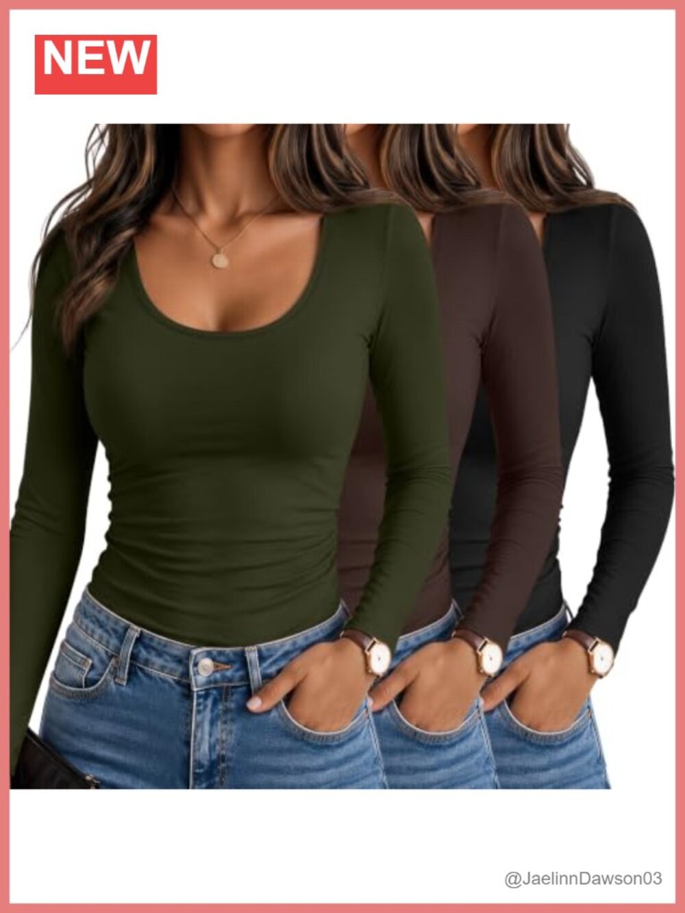 Women's 3 Pack Long Sleeve Scoop Neck Slim Fit Stretch Tees Fitted